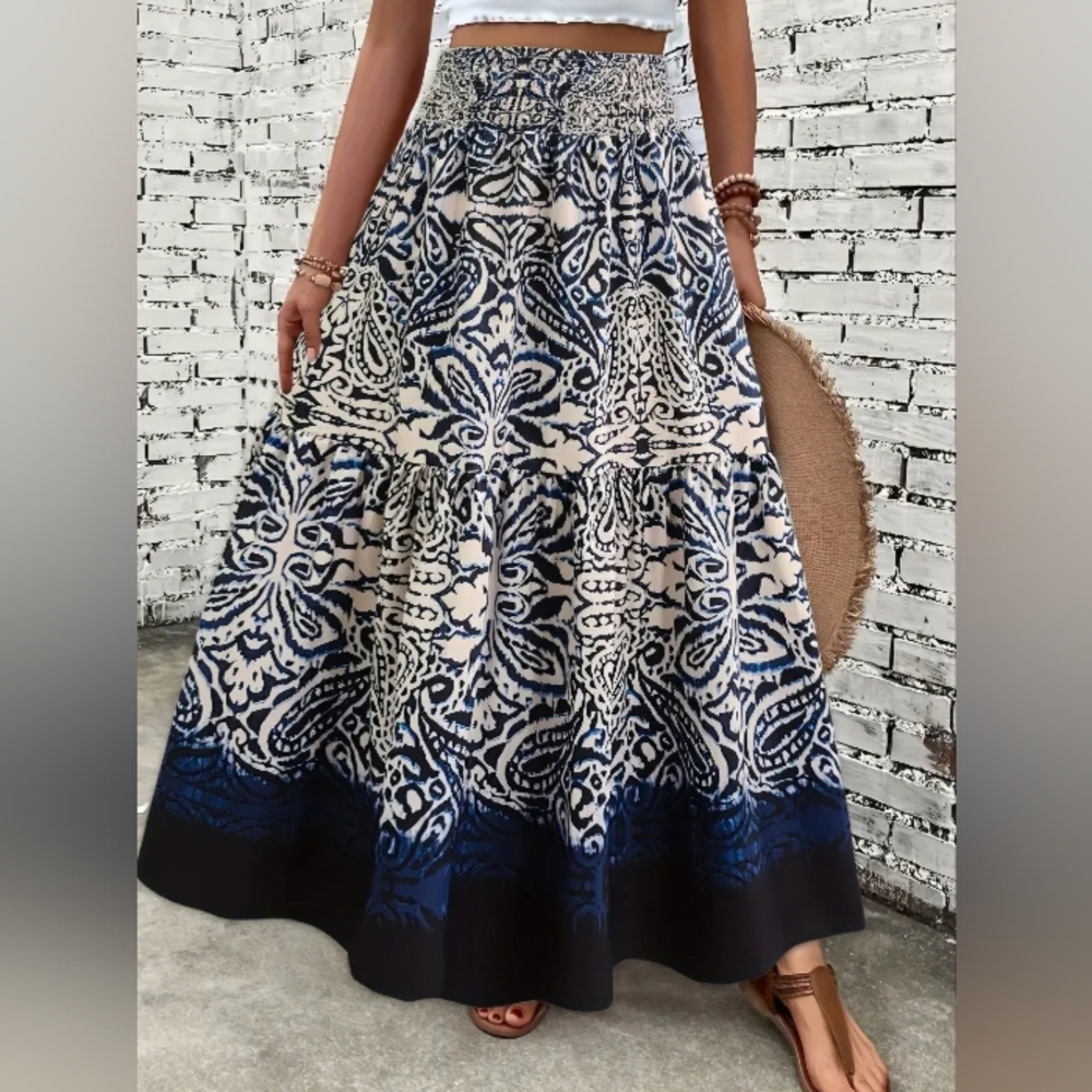 Bohemian Blue and Cream Tiered A-Line Maxi Skirt